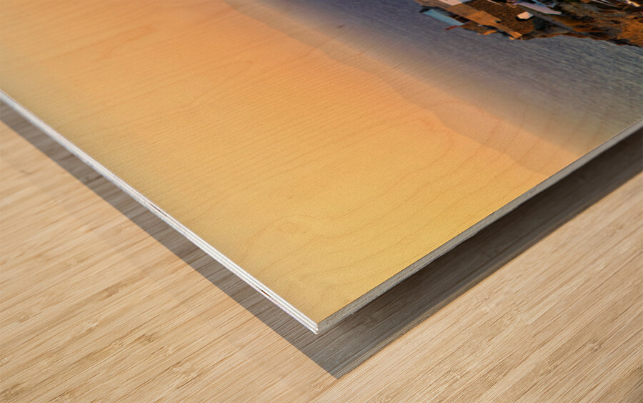 Santorini village at sunset with windmills overlooking the Aegea Wood print