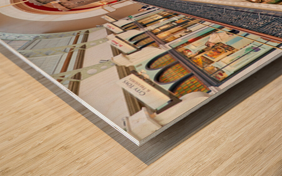 Elegant Victorian shopping arcade with clock tower and shoppers. Wood print