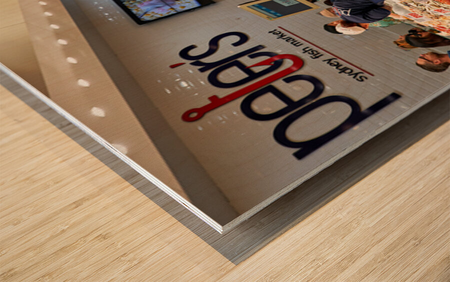 Peters Sydney Fish Market displays fresh seafood for sale. Wood print