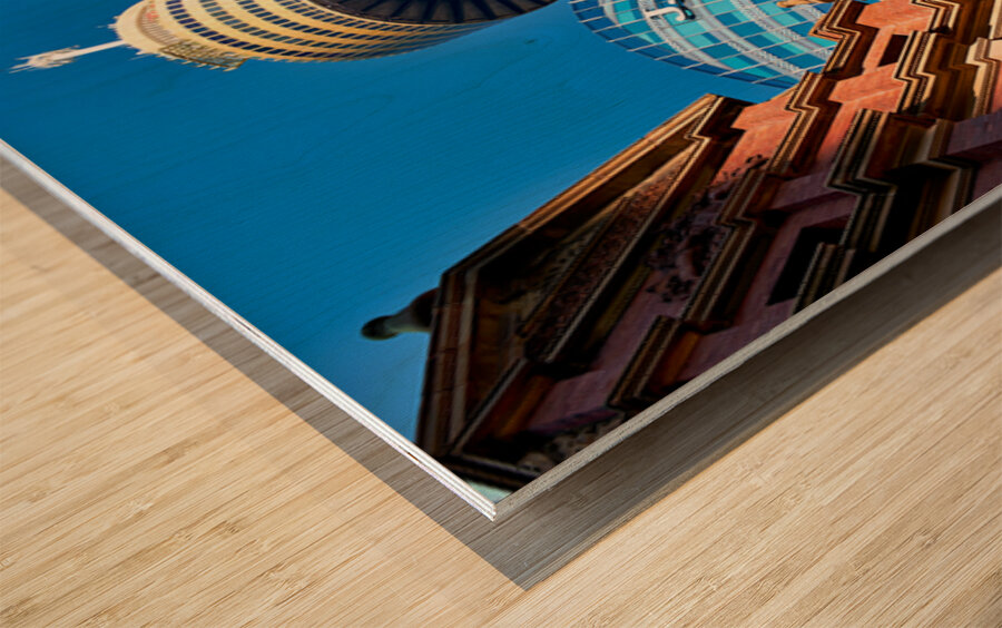 Sydney Tower and J.P. Morgan building against blue sky. Wood print