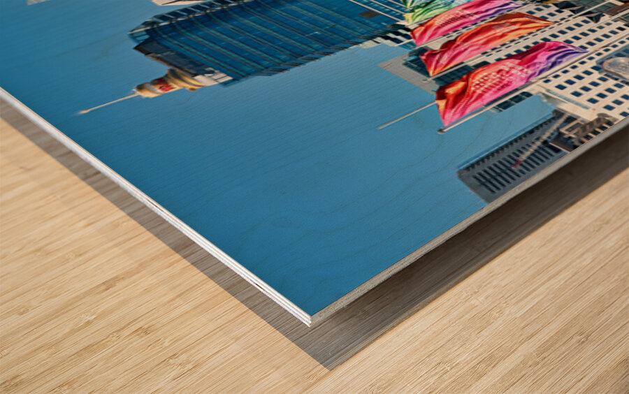 Colorful flags line bridge in Darling Harbour Sydney on a sunny  Wood print