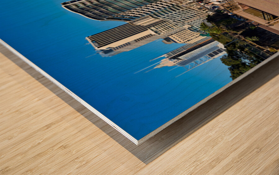 Sydney Harbour skyline with people enjoying the waterfront prome Wood print