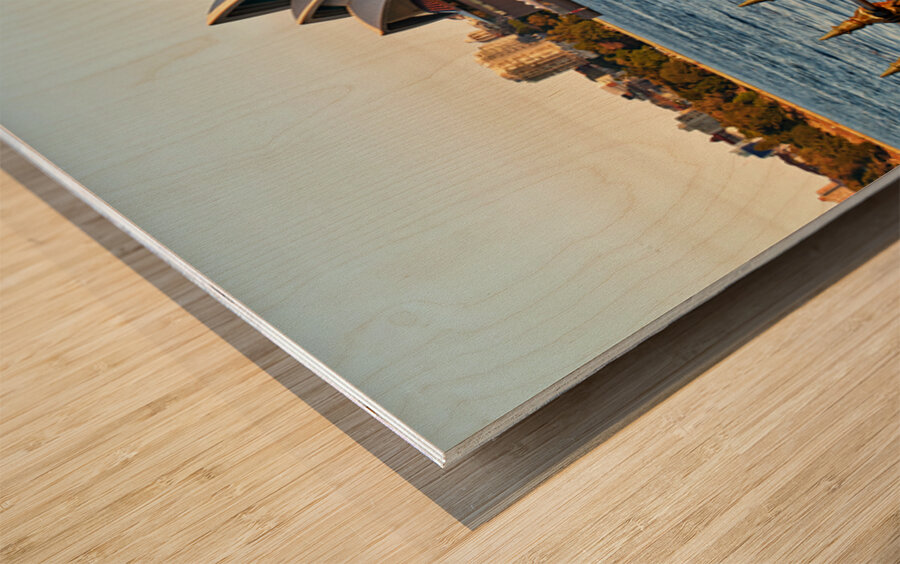 Sydney Opera House and harbor at sunset. Wood print