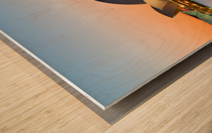 Sydney Opera House and Harbour Bridge at sunset. Wood print