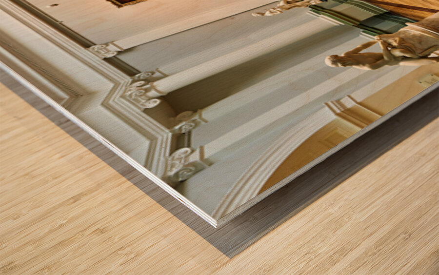 Sculptures and paintings in an art gallery in Sydney Wood print