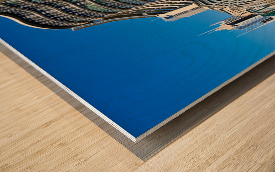 Modern curved building with balconies and city skyline. Wood print