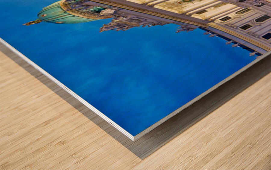 Hofburg Palace Vienna at night with horse drawn carriages. Wood print