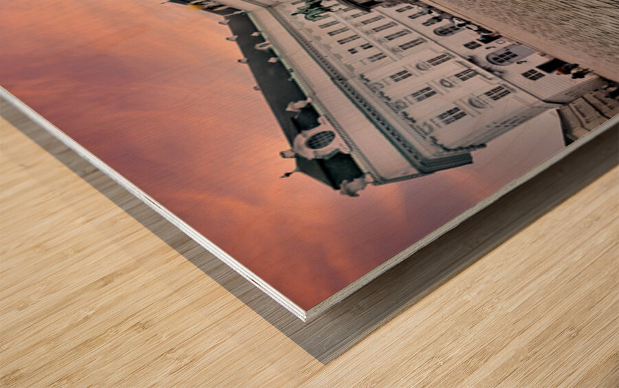 Majestic palace equestrian statue and cobblestone square under Wood print