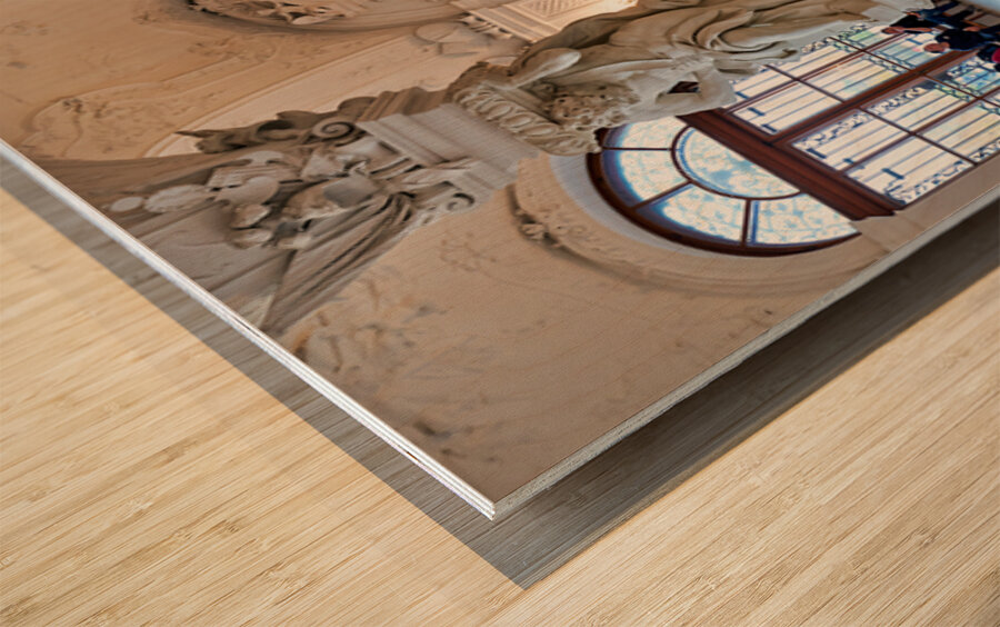 Ornate Baroque hall with sculptures and visitors. Wood print