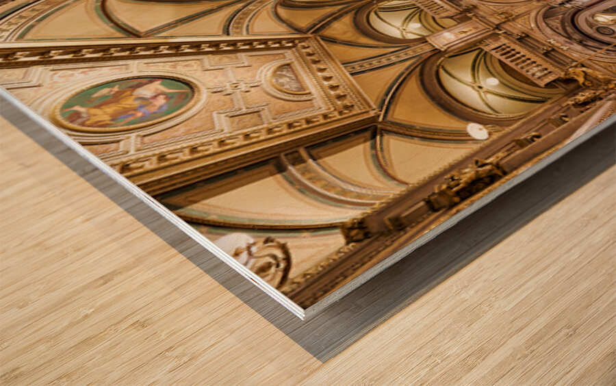 Ornate grand staircase with green carpet and classical statues. Wood print