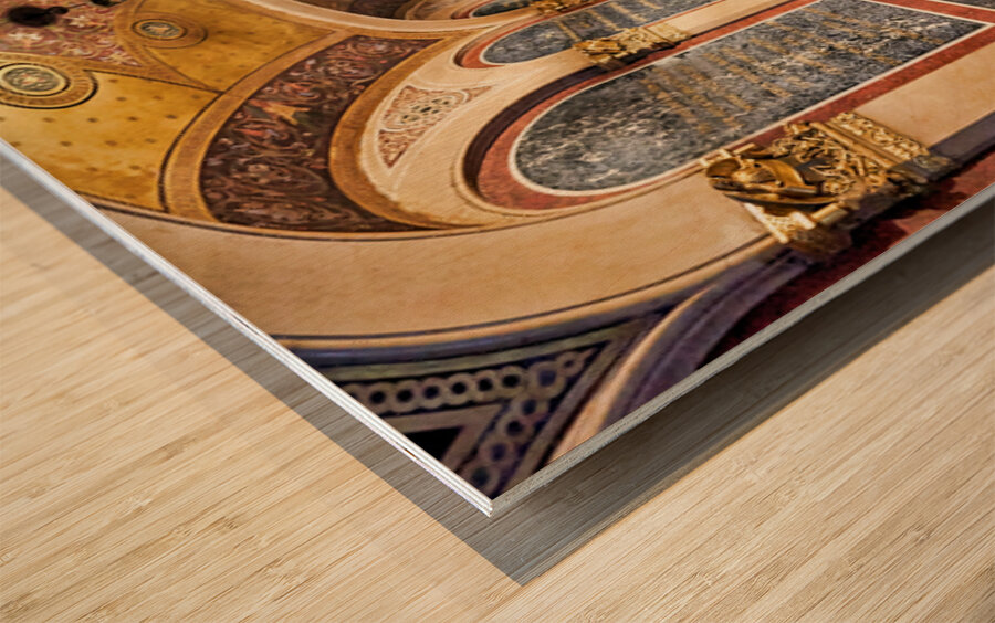Historic church corridor with ornate arches and checkered floor. Wood print