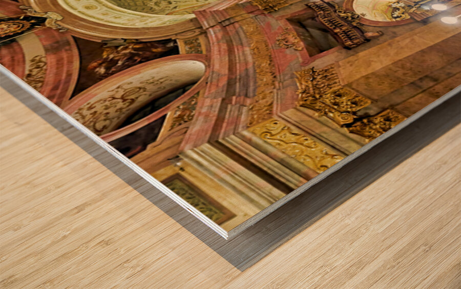 People attending a Requiem service in an ornate church. Wood print
