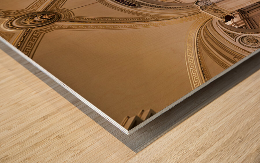 Majestic staircase with green carpet in an ornate hall. Wood print