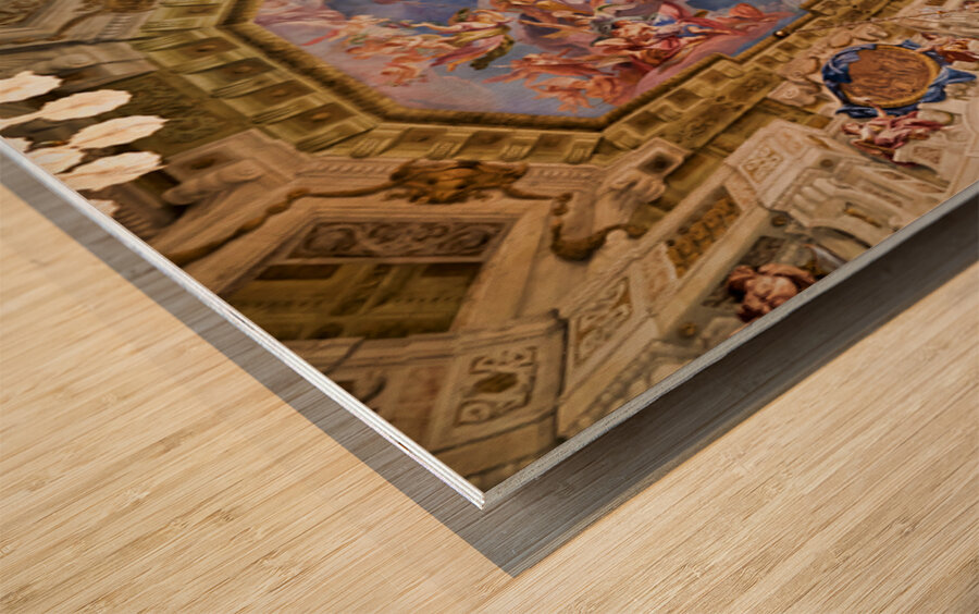 Grand baroque hall with elaborate ceiling fresco and crystal cha Wood print