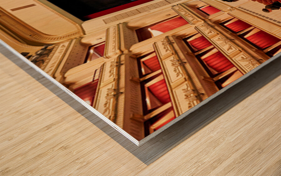 Ornate opera house interior with stage crew and audience. Wood print