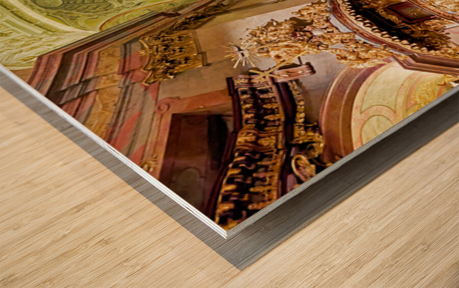 Stunning Baroque church interior rich with gold and religious a Wood print