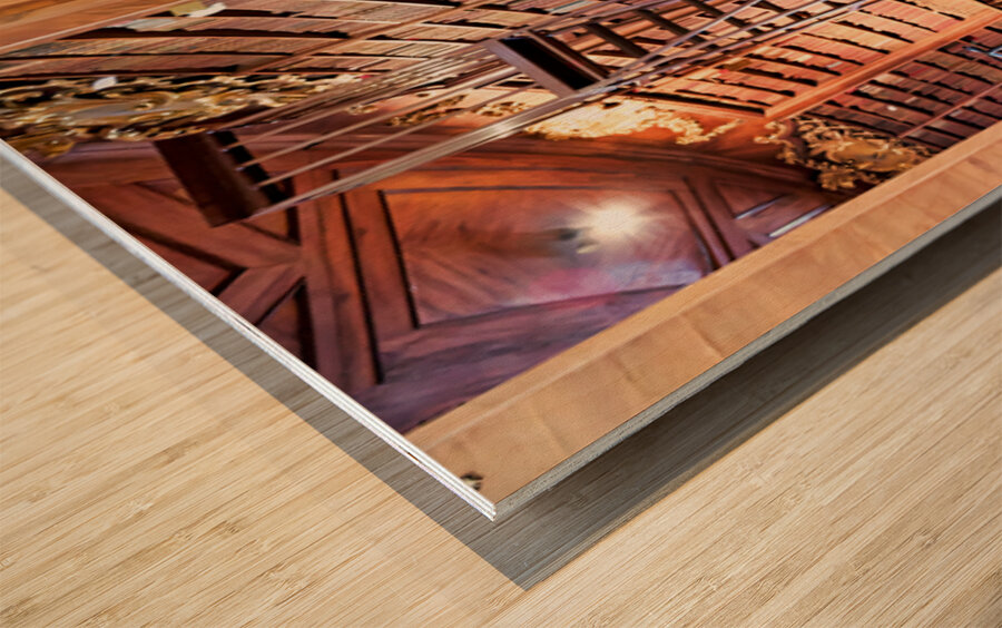 Historic library interior with globe books and rolling ladder. Wood print
