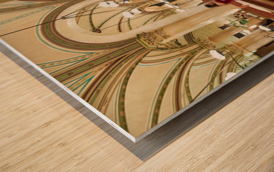 Man playing piano in an ornate bustling cafe. Wood print