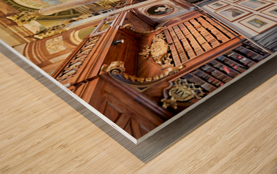 Grand ornate library interior with books columns and visitors Wood print
