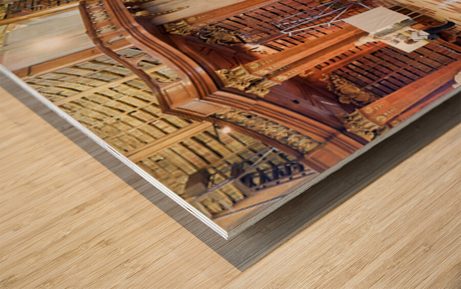 Ornate library interior with towering bookshelves statues glob Wood print