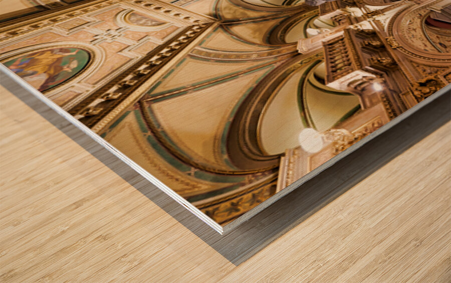 Opulent historic building interior with grand staircase and sta Wood print