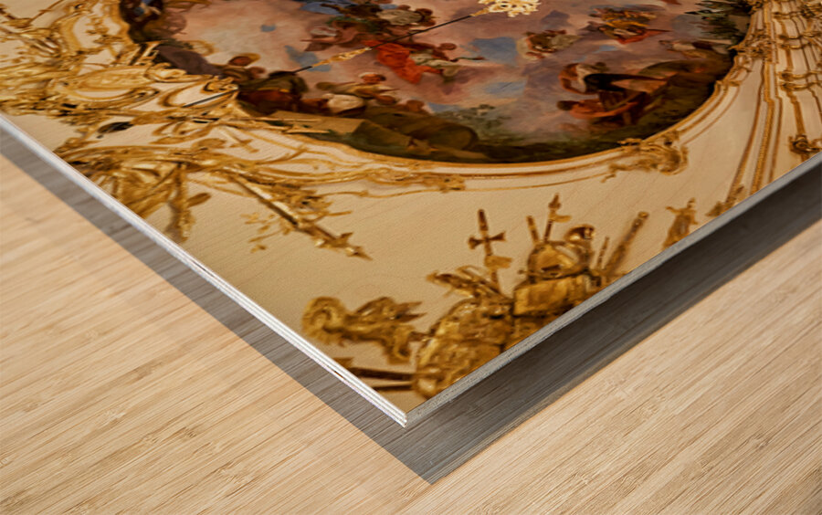 Ornate palace hall with chandeliers painted ceiling and red ca Wood print