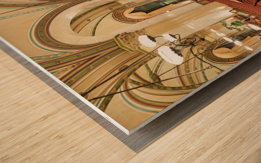 Ornate cafe interior bustling with people and a grand piano. Wood print