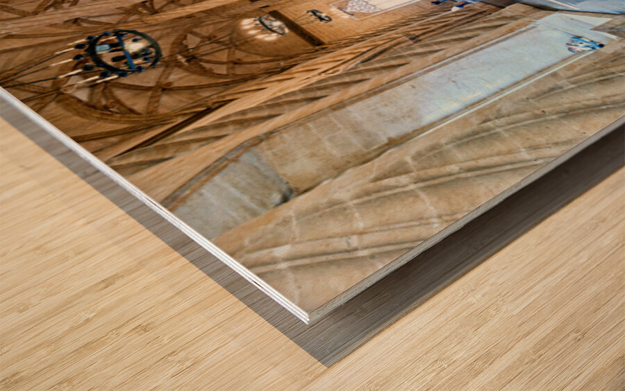 Visitors explore the interior of Lonja de la Seda in Valencia Sp Wood print