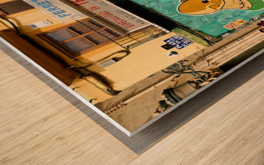 Valencia street art features murals and colorful buildings in Sp Wood print