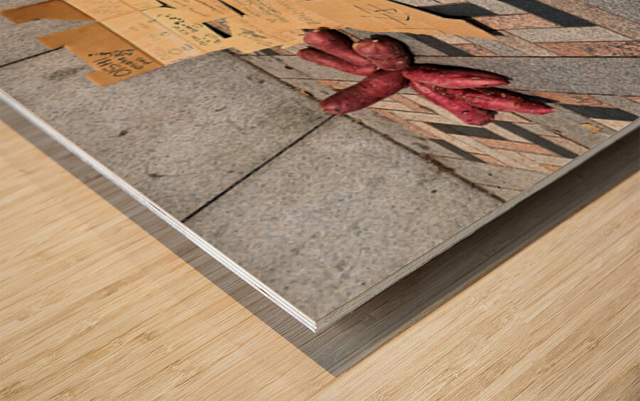 Red potatoes on display for sale in Tokyo market area Wood print