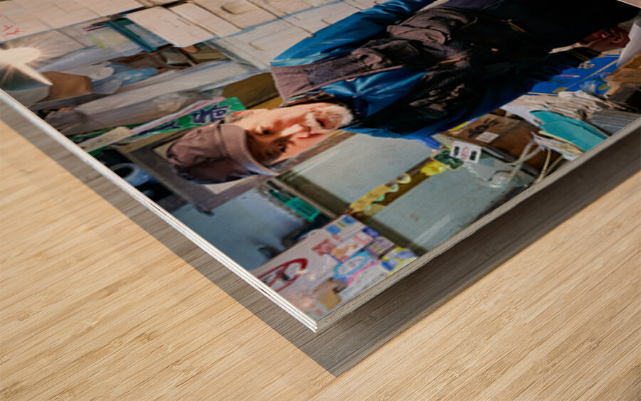 Fish market in Tokyo shows variety of seafood and local seller Wood print