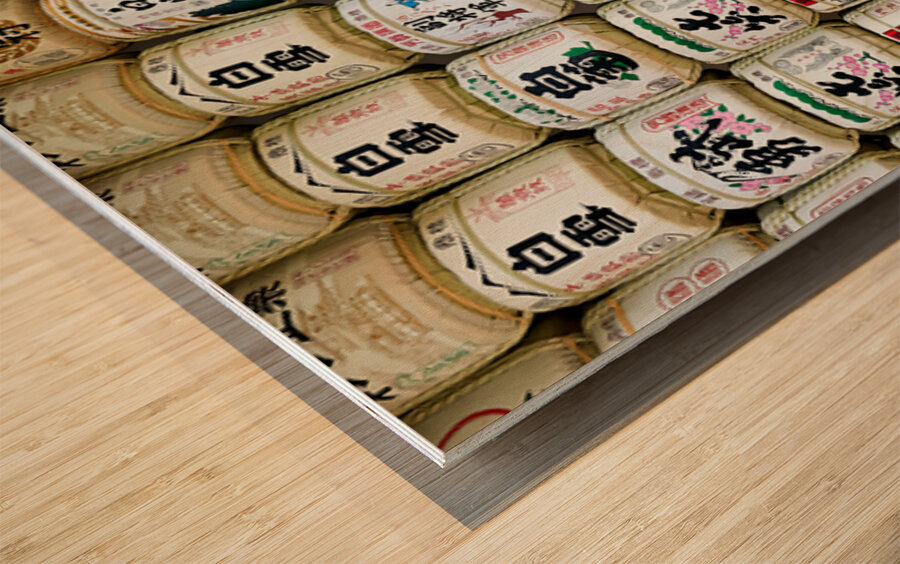 Sake barrels lined up at Meiji Jingu in Tokyo Japan Wood print