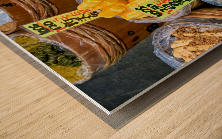 Colors and activities at Nishiki Market in Kyoto Japan Wood print