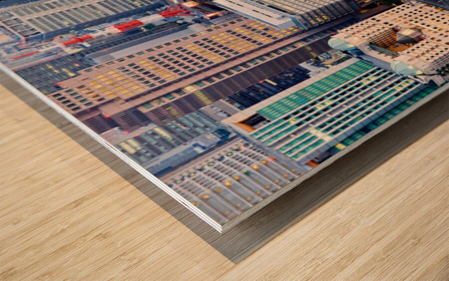 Osaka financial district at dusk with city lights and busy stree Wood print