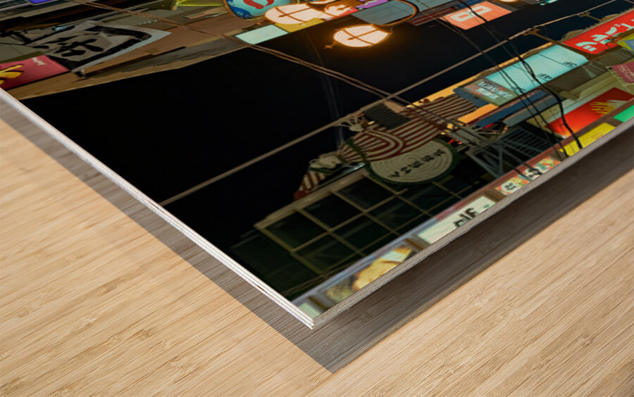 Illuminated signboards in Dotonbori District at sunset in Osaka Wood print