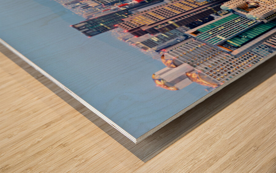 Osaka business district at dusk with city lights and buildings Wood print