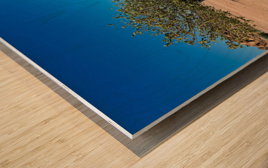 Classic car wreck in Namibias desert landscape near a structure Wood print