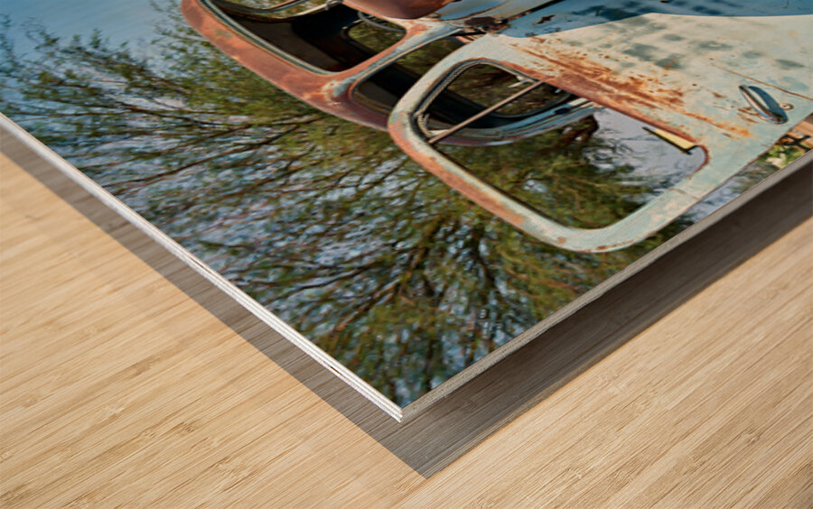 Classic car wreck in Namibias desert environment Wood print