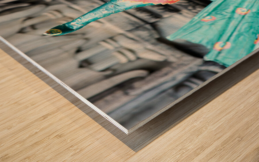 Smiling Cambodian dancer in traditional peacock costume at templ Wood print