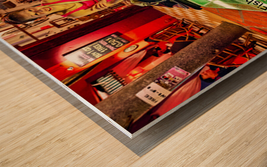 Smiling women enjoy fish foot spa. Wood print