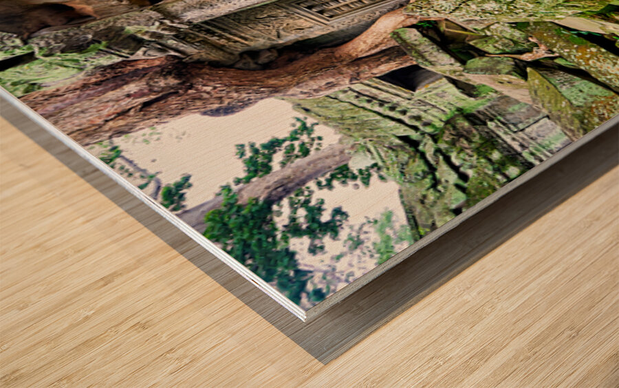 Ancient temple ruins overgrown by trees and moss. Wood print