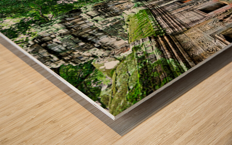 Massive tree roots engulf ancient temple ruins with moss. Wood print