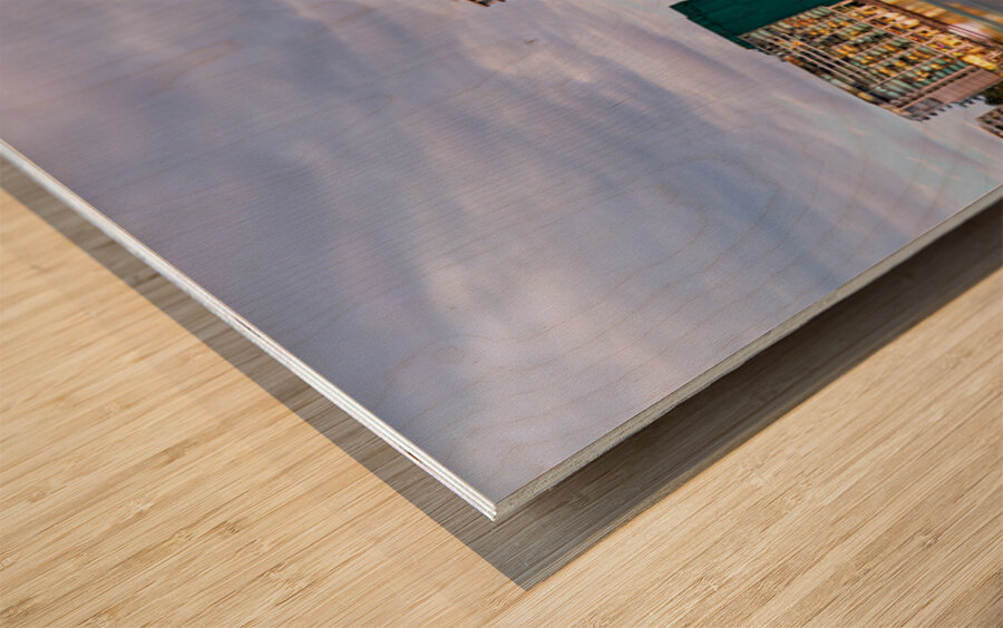 Sydney Harbour at dusk with ferries and city skyline. Wood print