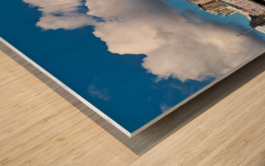 Sydney Harbour skyline with bridge and buildings under clouds. Wood print