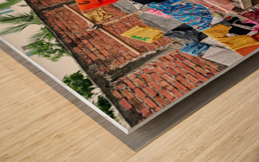 Boy with food tray clothes drying in background. Wood print