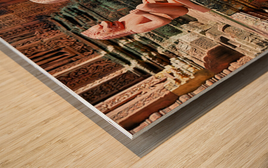 Ancient temple with guardian statues and ornate carvings. Wood print