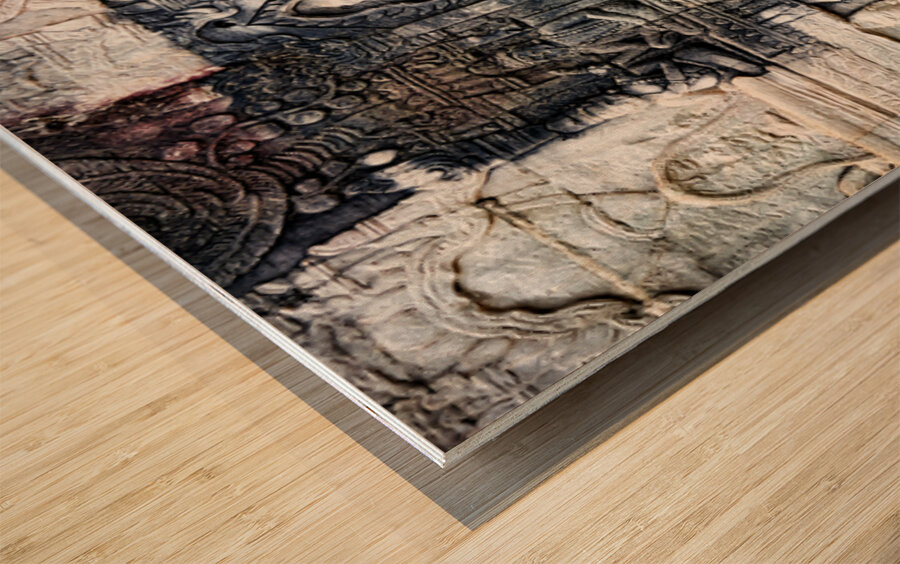 Ancient stone bas reliefs depicting figures and decorative eleme Wood print