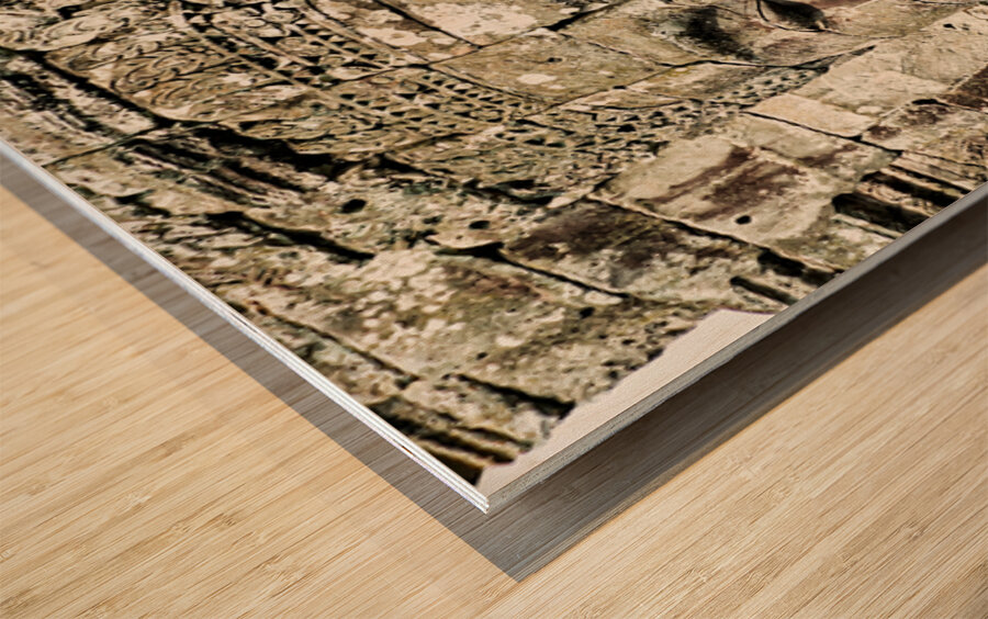 Serene stone face carving Bayon temple Angkor. Wood print