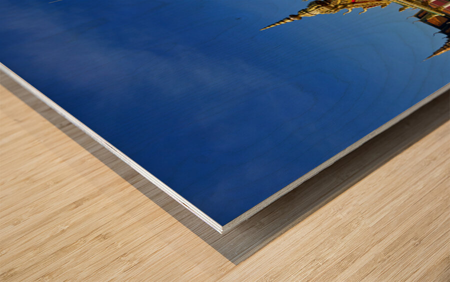 Golden shrine and temple buildings in Cambodia under blue sky. Wood print