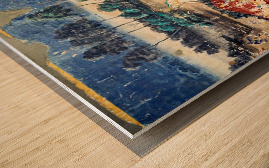 Ancient mural depicting temple figures and scenes of life. Wood print